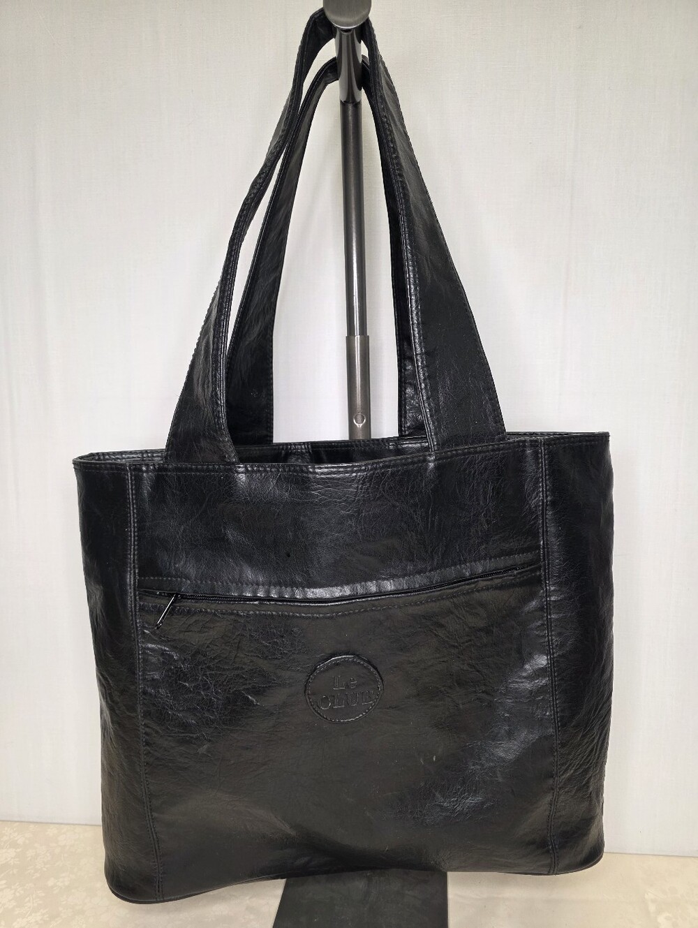 Le CLUB Vintage Black Faux Leather Tote Bag Shoulder Purse Minimalist Large
